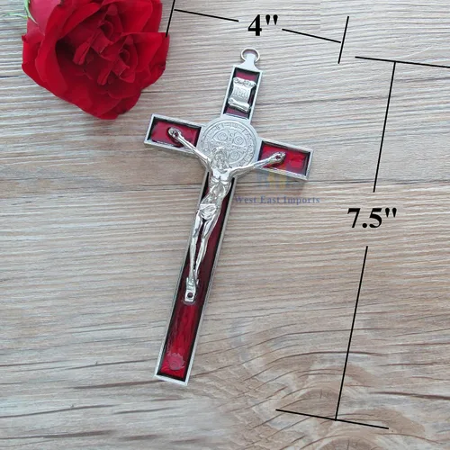 Vista 3 de WE San Benito - Crucifijo de pared esmaltado rojo para decoración religiosa de pared de 7.5 pulgadas