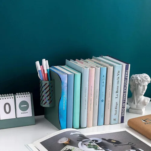 Vista 5 de Sujetadores de libros ajustables Gardesk, sujetadores de libros de metal para libros pesados, sujetadores de libros resistentes, antideslizantes Azul