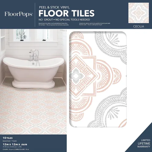 Vista 2 de FloorPops FP3566 Cecilia - Azulejos adhesivos para suelo Peel Stick, blanco y blanco roto
