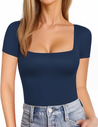 Vista 14 de MANGOPOP - Camisetas ajustadas de manga corta y manga larga con cuello cuadrado para mujer A01 Manga Corta Negro