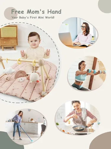 Vista 5 de Tapete de madera 4 en 1 para gimnasio y actividades para bebés, tapete de algodón suave para bebés de 0 años, con 3 juguetes desmontables