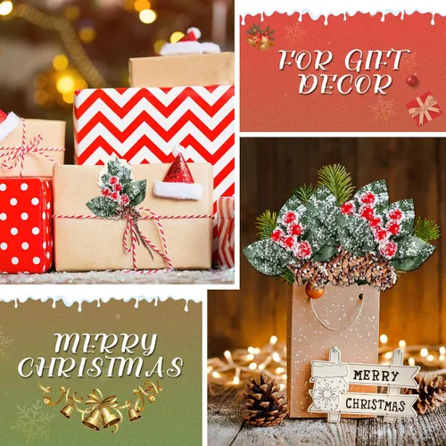 Vista 4 de Yunlly 60 piezas de agujas de pino verde artificiales para Navidad, púas florales de Navidad de acebo con bayas rojas artificiales, tallos de pino