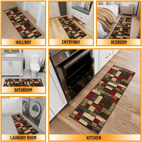 Vista 3 de Ottomanson, tapete de área Boxes Hallway Runner – Small Throw Rug with Rubber Backing – Thin Carpet for Bedroom Bathroom Laundry Room, 20" x 53
