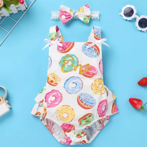 Vista 2 de IBTOM CASTLE Traje de bebé niña de primer cumpleaños princesa sin mangas sin espalda mameluco verano pastel traje con diadema de lazo