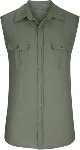 Vista 3 de WENKOMG1 Camiseta sin mangas de lino para hombre, camiseta casual con botones, ajuste regular