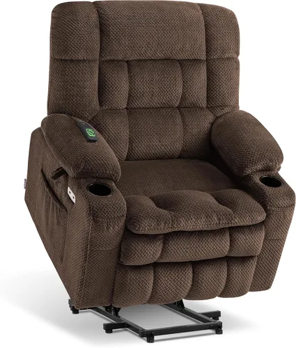Vista 26 de MCombo Silla reclinable eléctrica de motor dual con masaje y calor para personas mayores, posición infinita, puertos USB, portavasos, tela 7890 Beige