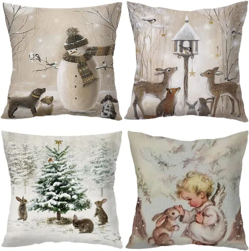 Vista 24 de Funda de Almohada Decorativa de Animales Navideños - 18 x 18 Pulgadas Funda de Almohada de Mascota Muñeco de Nieve Jarrón Ciervo Perro Conejo Pájaro