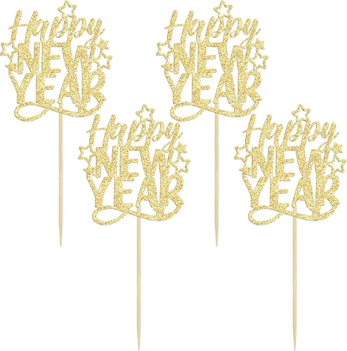 Vista 3 de 24 piezas de adornos para cupcakes de Feliz Año Nuevo 2026 de oro con purpurina, celebra el 2026, adornos de cupcakes para la víspera de Año Nuevo