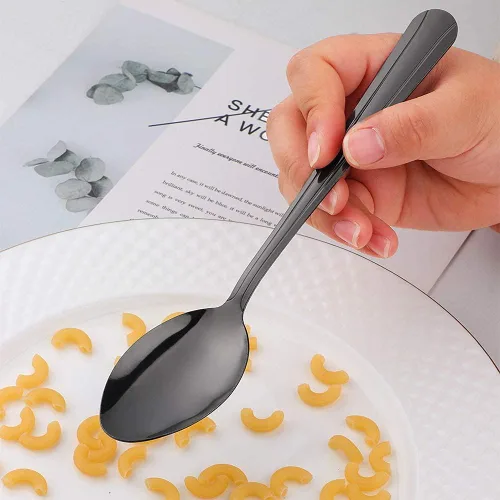 Vista 3 de MINGYU Juego de 12 cucharas de acero inoxidable, elegantes cucharas de sopa negras, cucharas de mesa de 7 pulgadas, cucharas de titanio