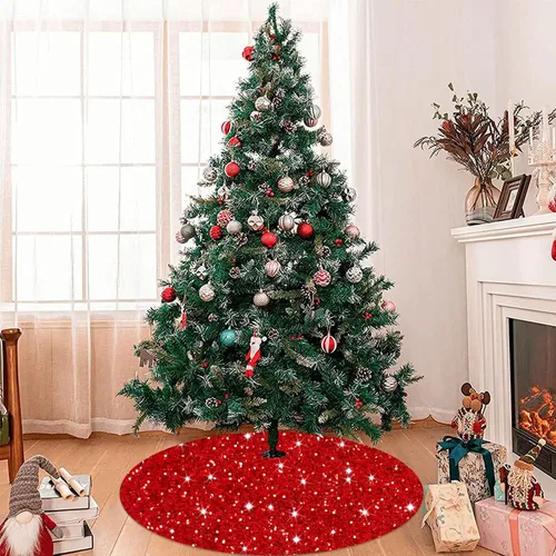 Vista 5 de MODFUNS Falda Roja para Árbol de Navidad Mini Faldas con Purpurina para Árbol de 21 Pulgadas Falda para Árbol de Navidad con Lentejuelas Tapete