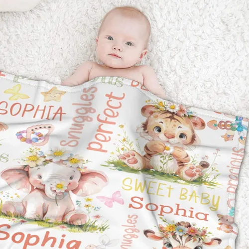 Vista 2 de Manta de bebé personalizada con diseño de animales del bosque, manta personalizada con nombre para niñas y niños, regalos de registro, manta suave