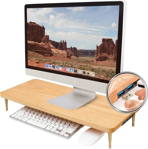 Vista 8 de Soporte elevador para monitor de madera maciza, soporte de monitor multiusos para computadora portátil, iMac PC (nogal)