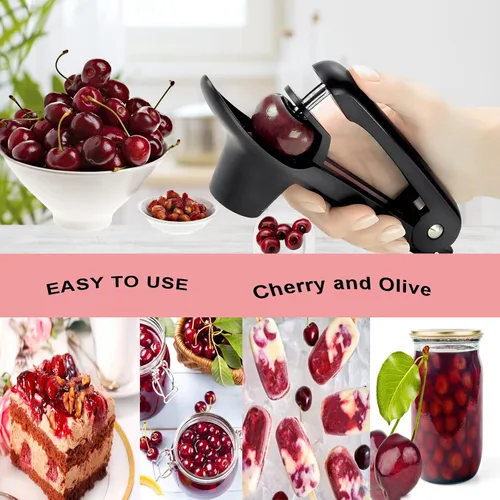 Vista 3 de Cherry Pitter, herramienta de acero inoxidable resistente para descorazonadores de aceitunas y cerezas con diseño de bloqueo que ahorra espacio