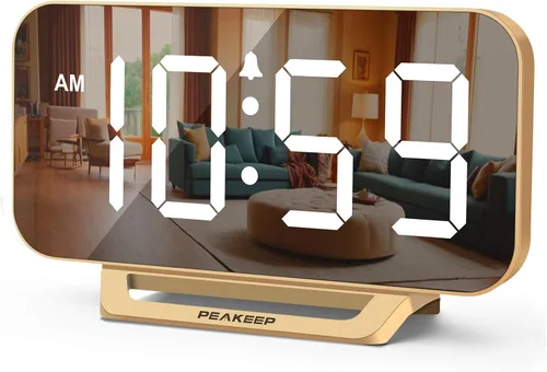Vista 9 de Peakeep Small Digital Alarm Clock for Bedrooms, Loud for Heavy Sleepers Dimmable Plug in Electric Large Numbers Clock Battery Backup, Slim Clock