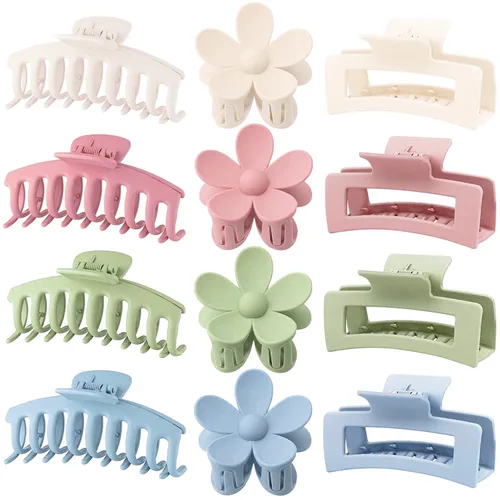 Vista 9 de Pinzas Grandes para Cabello Tipo Garra, Paquete de 12, Pinzas para Cabello con Flores para Cabello Fino, Grande Cuadrado Mate Sujeción Fuerte