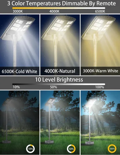 Vista 3 de JAYNLT Luces solares de calle de 4000 W para exteriores con poste de 118 pulgadas de alto, 3000 K/4000 K/6500 K 300000 LM, lámparas solares de pie