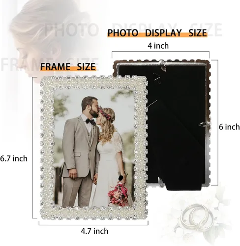 Vista 2 de Marco de fotos de perlas de metal de 4 x 6, marco de fotos chapado en plata con diamantes de boda, pantalla horizontal o vertical, con vidrio HD