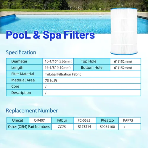 Vista 5 de PAP75 - Filtro de piscina para C-9407, Clear 75, Ultral-C2, R173214, 59054100, FC-0685, 590541, 10751, 75 pies cuadrados, 1 paquete
