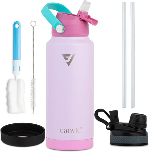 Vista 11 de Canvic DualSip - Botella de agua de acero inoxidable aislada al vacío de 32 onzas, 2 tapas a prueba de fugas (pajilla y pico), boca ancha, sin BPA