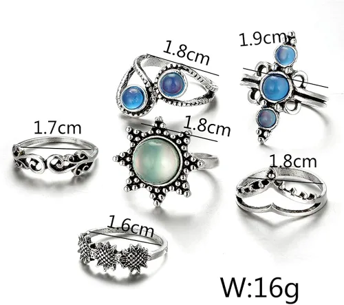 Vista 7 de Missgrace Anillos apilables bohemios para nudillos para mujeres, adolescentes y niñas, estilo bohemio, vintage, geométrico, cristal, 11