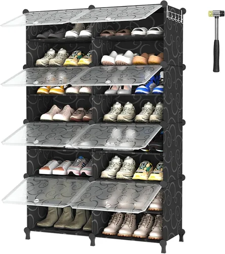 Vista 14 de AWTATOS Zapatero de 6 niveles con puerta, gabinete de almacenamiento de zapatos con 24 pares de estantes organizadores para armario, pasillo, Negro