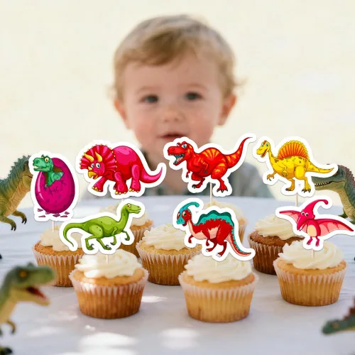 Vista 4 de 48 piezas de decoración de dinosaurios para cupcakes, lindos dinosaurios para baby shower/niños con temática de dinosaurios para decoración