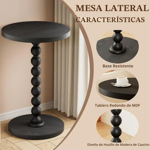 Vista 4 de Mesa auxiliar redonda, mesa de bebidas para espacios pequeños, mesita de noche moderna con patas de madera de goma para sala de estar, dormitorio