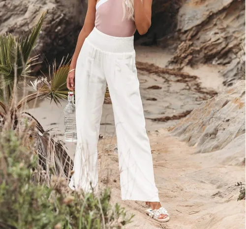 Vista 3 de HEZIOWYUN Pantalones de lino para mujer, de pierna ancha, elásticos, cintura alta, pantalones palazzo, pantalones de yoga con bolsillos