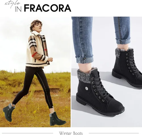 Vista 6 de Botas de combate de piel sintética para mujer, con forro de piel cálida, botines negros con cremallera lateral, botas de invierno antideslizantes