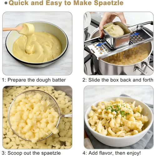 Vista 5 de Spaetzle Maker - Prensa de acero inoxidable con colador, fabricante de sppaetzle alemán de primera calidad con mango cómodo, herramienta tradicional