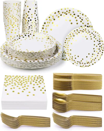 Vista 10 de 224 piezas de suministros para fiestas, platos de fiesta negros y dorados, juegos de vasos y servilletas con cuchillos, tenedores y cucharas
