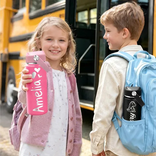 Vista 2 de Personalized 18oz Kids Water Bottle with Engraved Name Text Back to School Custom Stainless Steel Insulated Water Bottle for School, Personalized