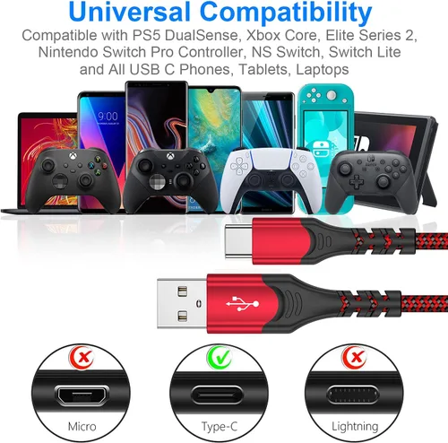 Vista 7 de Cable de carga para controlador PS5 – Paquete de 2 cables de datos tipo C a USB A de 10 pies, cable de sincronización de alta velocidad