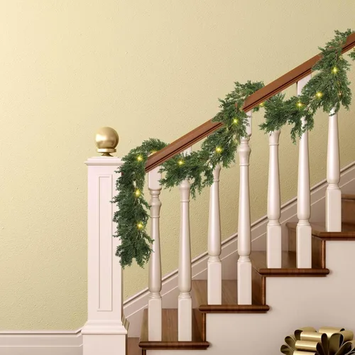 Vista 7 de Jutom Guirnalda de cedro de Navidad LED, enredaderas artificiales de ciprés de pino con luz de Navidad con luces para mesa de Navidad, manto, fondo