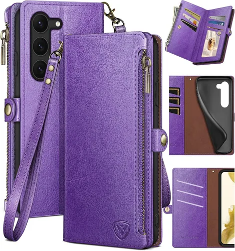 Vista 11 de XcaseBar Funda tipo cartera compatible con Samsung Galaxy S23 5G con cremallera y tarjetero de crédito con bloqueo RFID, funda de piel sintética