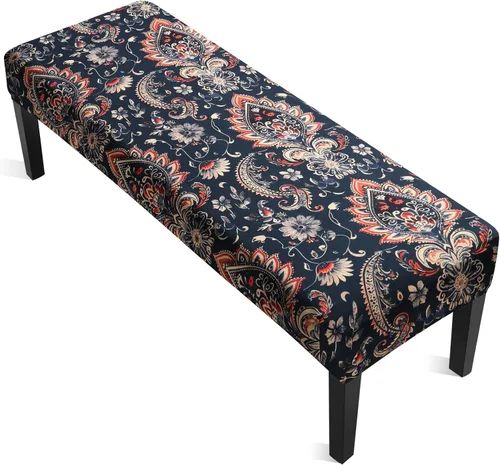 Vista 32 de YISUN Fundas de banco de jacquard para comedor, funda elástica lavable y extraíble para banco, protector de asiento rectangular para bancos de Beige