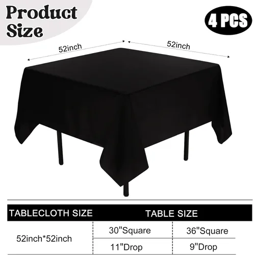 Vista 2 de Paquete de 4 manteles cuadrados de mesa de 52 x 52 pulgadas, mantel negro lavable a máquina, tela de poliéster, cubierta de mesa para comedor