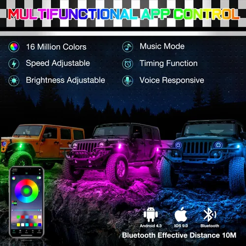 Vista 3 de SWATOW - Juego de luces de neón de 4 x 4 pulgadas, luces de roca RGB LED, luces subterráneas con control Bluetooth, luces multicolor para ruedas