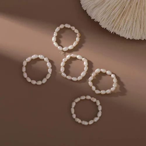 Vista 7 de ERLOSYA Anillo de perlas cultivadas estilo bohemio vintage, ajustable, anillos de perlas de agua dulce elásticos de moda para mujeres, anillos