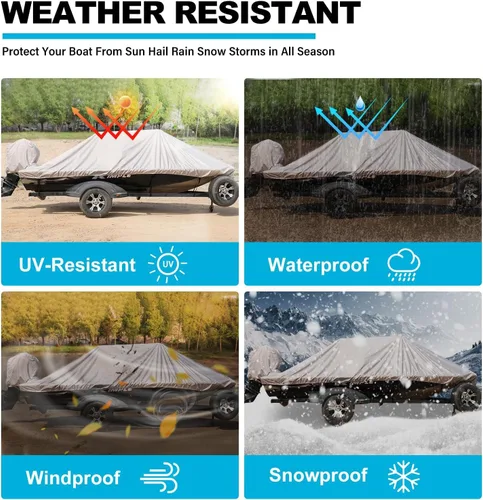 Vista 5 de Funda para lancha remolcable de 14 a 16 pies con cubierta de motor fuera de borda, lona marina 900D, impermeable y a prueba de rayos UV, resistente
