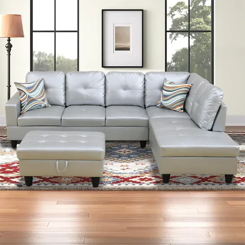 Vista 11 de Sofá modular para sala de estar, sofá seccional de cuero marrón en forma de L con diván y otomano de almacenamiento para sala de estar, B- marrón