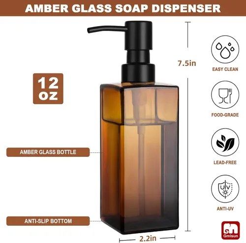 Vista 2 de Dispensador de jabón de vidrio ámbar GMISUN, dispensador de jabón de manos con bomba de acero inoxidable para baño, dispensadores de cocina