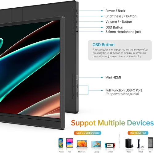Vista 7 de ForHelp Monitor portátil de 14 pulgadas FHD1200P ultradelgado para monitor de portátil, USB-C y HDMI Plug & Play, 100% SRGB, pantalla extensor