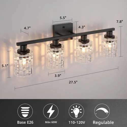 Vista 4 de Lámpara de tocador de baño de 4 luces negras mate, iluminación moderna de tocador con pantalla de vidrio de cristal, accesorios de iluminación