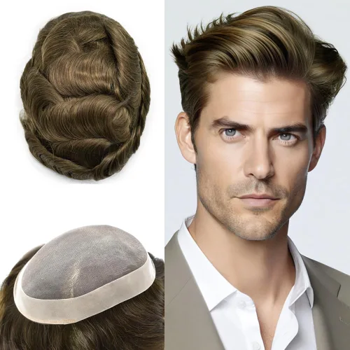 Vista 88 de Mens Toupee Hair Piece Real Human Hair Fine Mono Toupee para hombres Sistema de reemplazo de cabello para hombre Postizo Protesis Capilar Para
