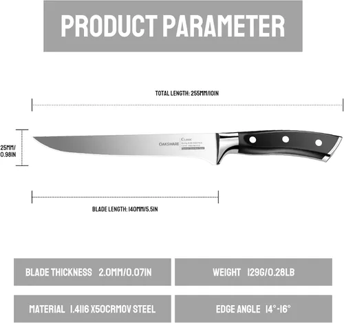 Vista 6 de OAKSWARE Cuchillo deshuesador de 5.5 pulgadas, acero inoxidable alemán, cuchillo de filete, cuchillo de cocina, cuchillo de carne multiusos
