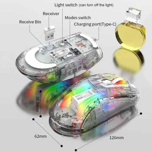 Vista 7 de Attoe Ratón inalámbrico Bluetooth, ratón mecánico RGB transparente para juegos de modo dual, un mouse USB imprescindible para computadora