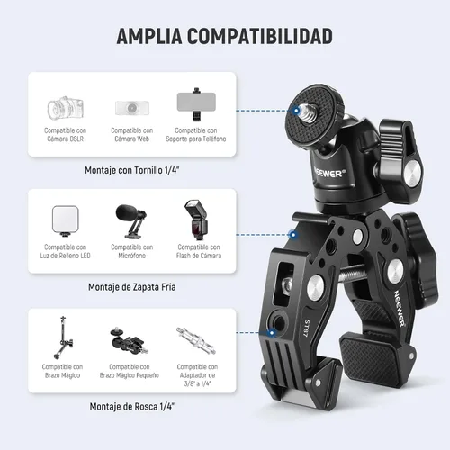 Vista 4 de NEEWER Super Clamp con Brazo Mágico de Cabeza Esférica Doble de 3", Zapata Fría, Roscas de 1/4", Adaptador de Montaje para Cámara de Teléfono/Acción