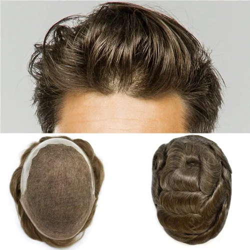 Vista 86 de Toupee para hombres pieza de pelo suave suizo encaje real sistema de cabello humano reemplazo blanqueado nudo mens tupé sistema de pelo para hombres