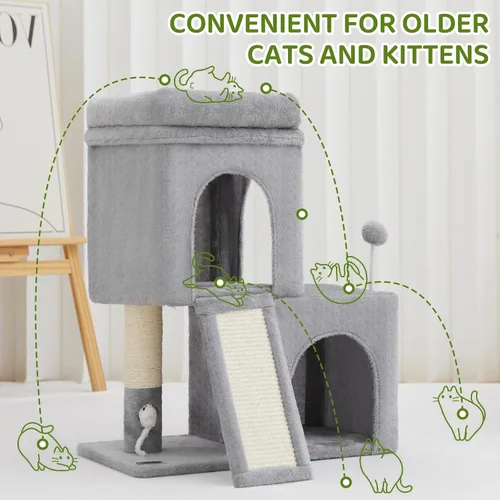 Vista 6 de Woochpet Árbol para gatos de 24 pulgadas de alto con 2 condominios para gatos y juguete de ratón, acogedora torre pequeña para gatos con poste